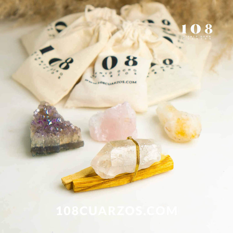 Kit de sahumerio con cristales de cuarzo y palo santo